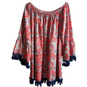 Order Plus Womens‎ Boho Blouse Top Womens XL Paisley Blue Tassel Trim Hippy 70's